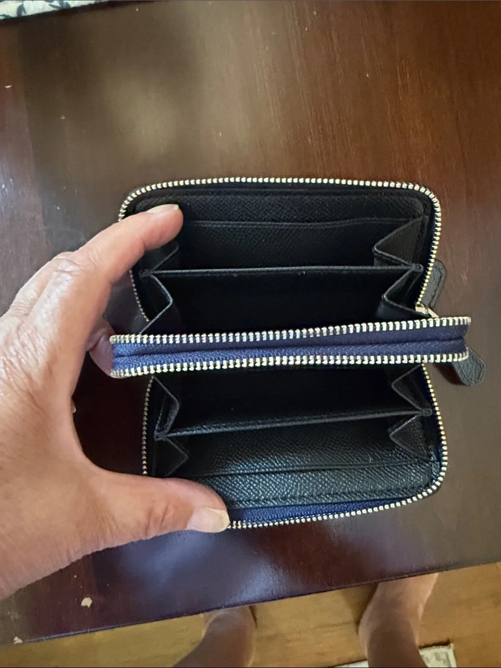Coach Navy Blue Textured Leather 2 Zip Wallet with Gold Logo